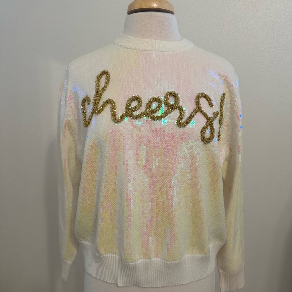 Queen of Sparkles White Full Sequin Cheers Sweater- size Small